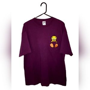 Vintage Tweety Bird 90s Looney Tunes Embroidered Pocket Maroon T Shirt Size L